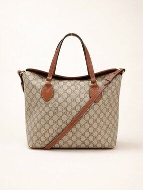 Authentic Gucci GG Supreme Canvas Leather Tote Crossbody Bag